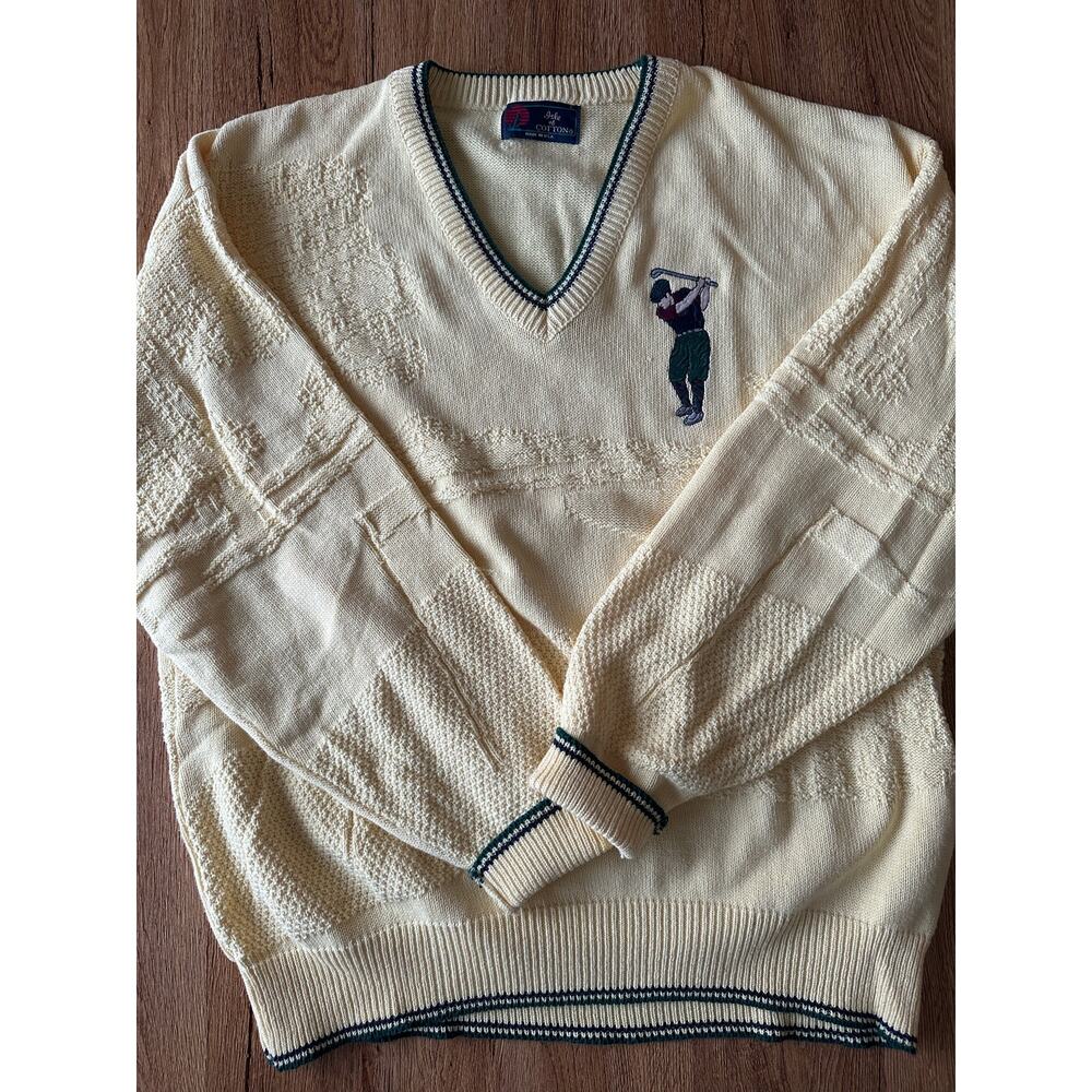 Isle Of Cotton Vintage Yellow Golfing V Neck Sweater Size Large